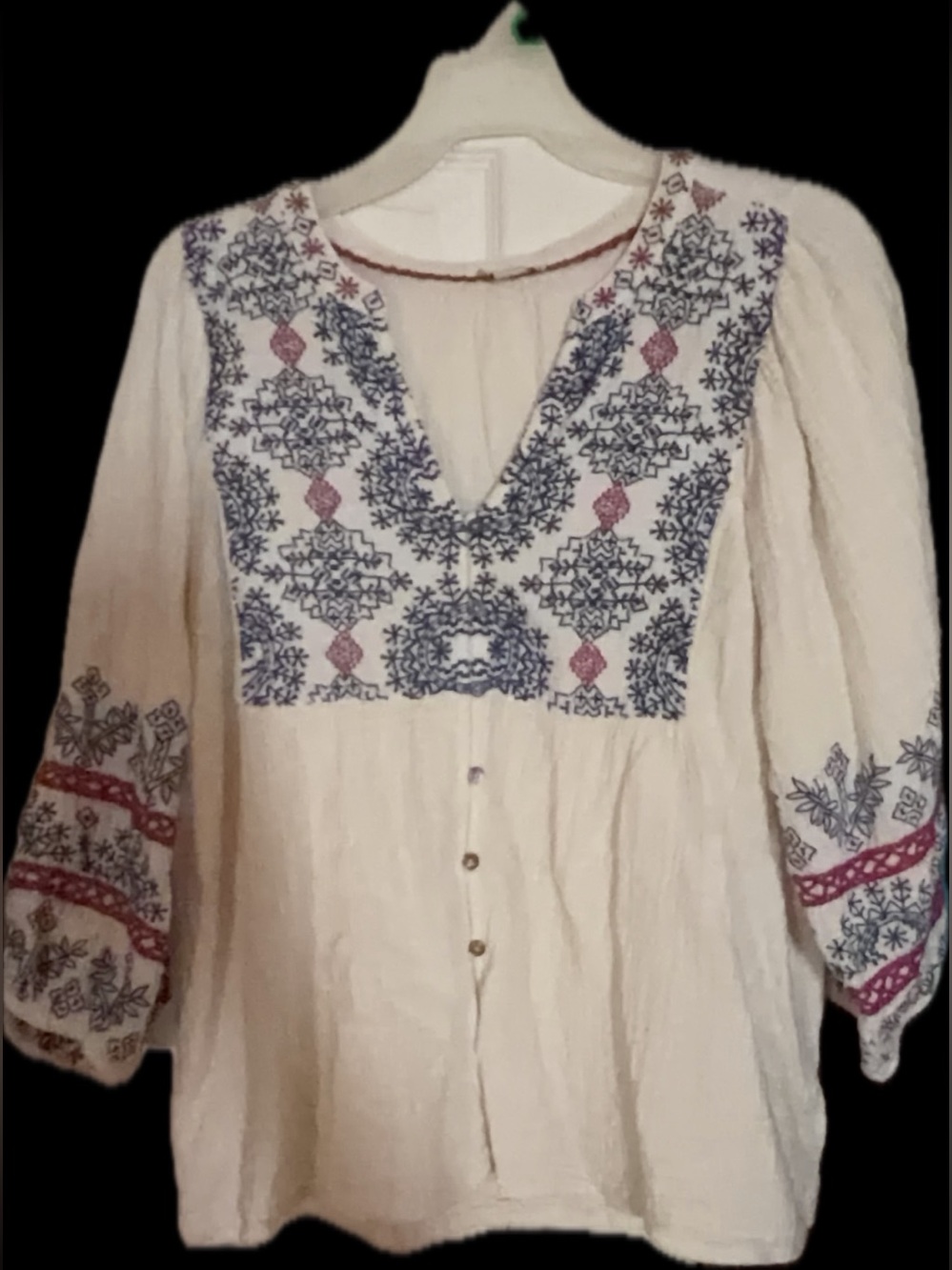 Sundance Cream Peasant Blouse with Blue & Pink Embroidery
